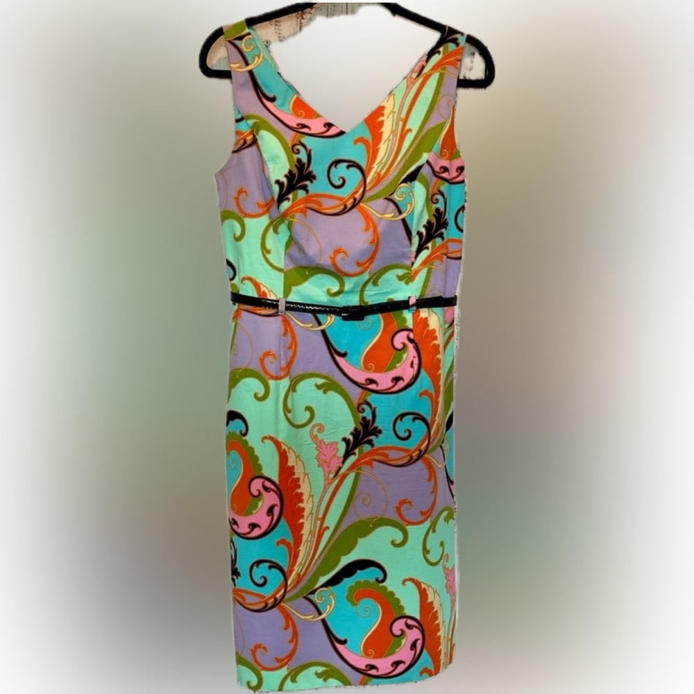 Whimsical Avant Garde Artsy Retro Vibe Colorful Swirl Midi Dress Sz 12